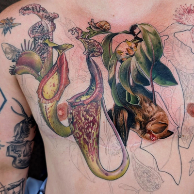 I couldn't wait to share a progress pic of the fuzzy bats 🥹 Thank you, @astorbo… — tattoo by Janel Petch, Eagle Rock, CA