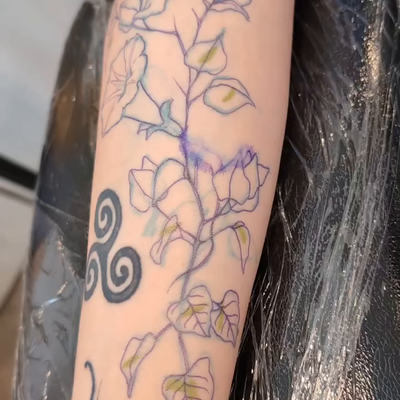 Freehanded botanical piece added to Beth's arm! Thank you, Beth! (Bottom two bla… — tattoo by Janel Petch, Eagle Rock, CA