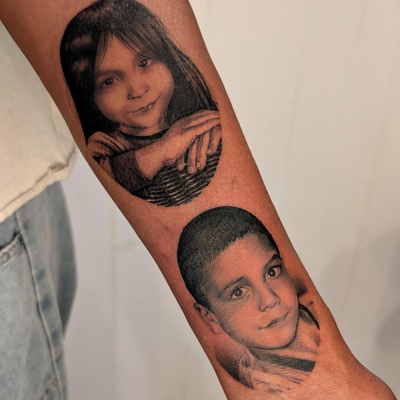 First realism kids' portraits (if Wednesday Addams didn't count). Thank you, And… — tattoo by Janel Petch, Eagle Rock, CA