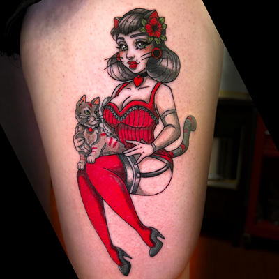 I looooooooove pin ups!!!
Thank you Justine for letting me have fun with this on… — tattoo by Danni Munoz, Los Angeles, California