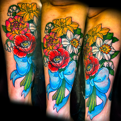 Bouquet of flowers for the wonderful Angelica @avocadont_touchme 

#flowertattoo… — tattoo by Danni Munoz, Los Angeles, California