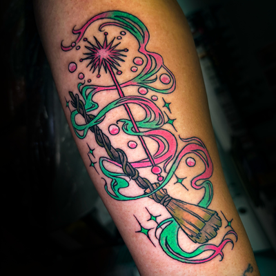 Wicked inspired! Elphaba’s broom and Glinda’s wand!
#wickedtattoo #wicked #elpha… — tattoo by Danni Munoz, Los Angeles, California