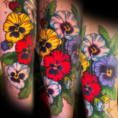 Complete! For the lovely, lively Samme! 
#flowertattoo #pansytattoo #colortattoo… — tattoo by Danni Munoz, Los Angeles, California