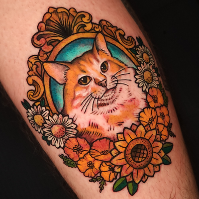 Ornamental Cat portrait — tattoo by Mario Delgado, San Francisco, California