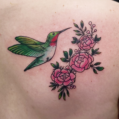 humming bird and flowers — tattoo by Mario Delgado, San Francisco, California