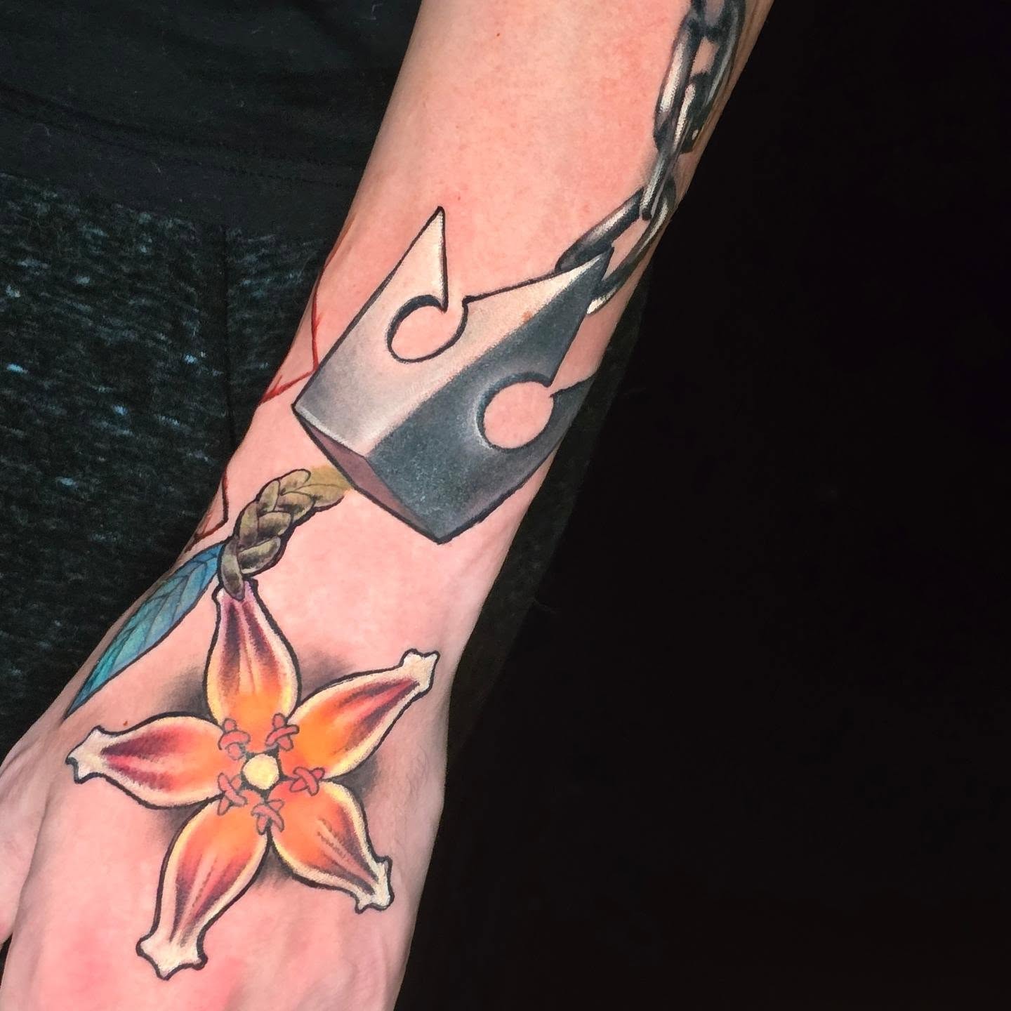 Kingdom Hearts Oblivion and Oathkeeper Keyblade Chains. 
KH holds a special plac… — tattoo by Barbie Lavon, Troy, Michigan