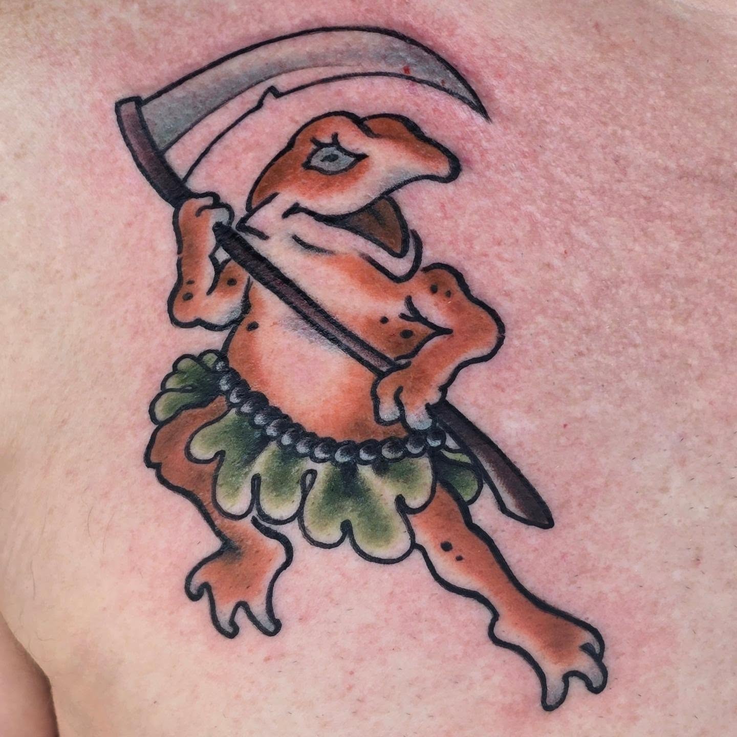 Japanese Frog for your journey. Travel safe. 

I love boiling my drawings down t… — tattoo by Barbie Lavon, Troy, Michigan