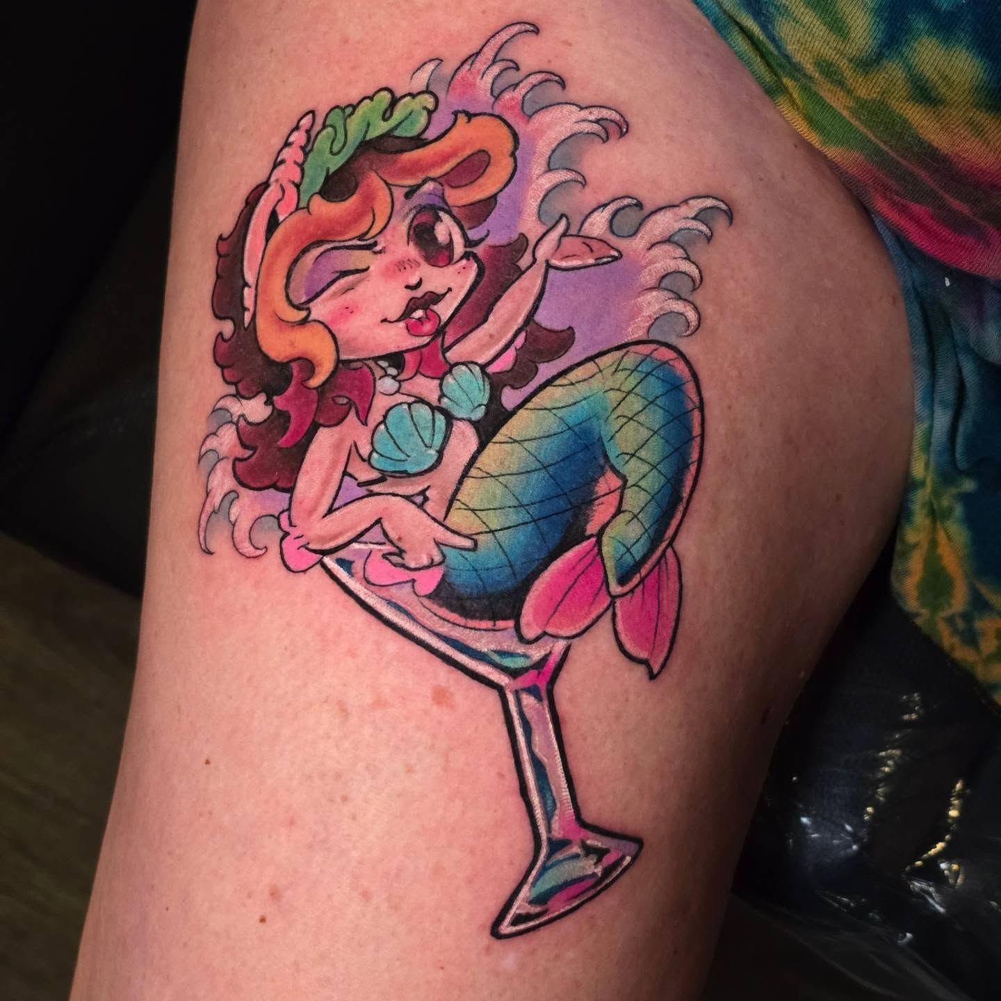 Mermaid pinup after our Color Theory Seminar At @cherrycapitalink Traverse City … — tattoo by Barbie Lavon, Troy, Michigan