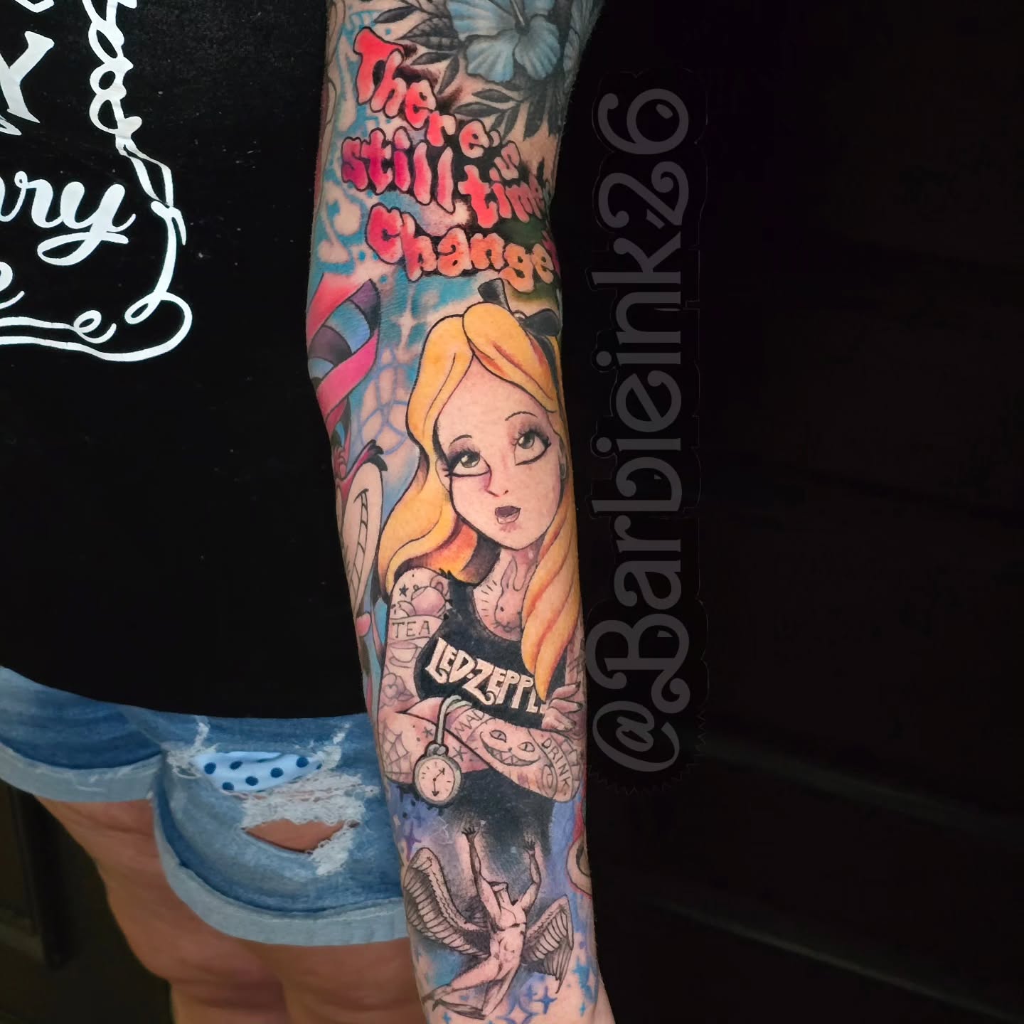 Alice in Wonderland x Led Zeppelin mash up
Made with @industryinksusa @blastedta… — tattoo by Barbie Lavon, Troy, Michigan