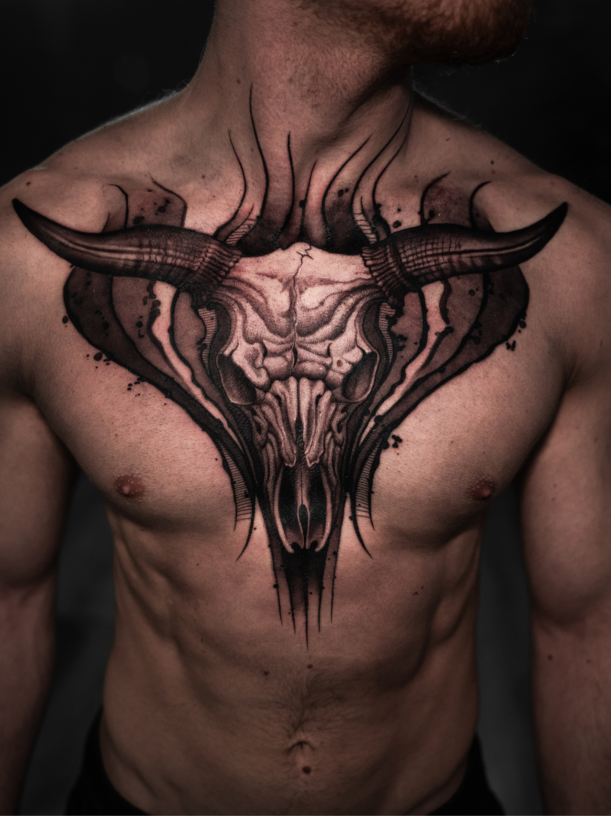 Bull Skull — tattoo by Christophe Peto, Paris, Île-de-France