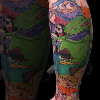Ful color cartoon leg sleeve — tattoo by Steven Radice, Chandler, Arizona