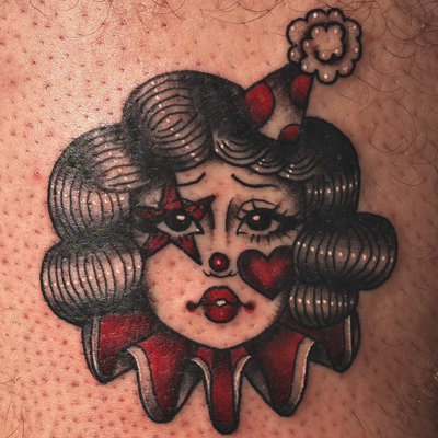 honk honk bazinga #clowngirltattoo 
dm me or check my bío to book :) — tattoo by Arika Amricachi, colton, CALIFORNIA