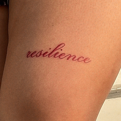 resilience tattoo for @ehvelyn.m 🥰 
.
.
.
.
.
.
.
#resilience #letteringtattoo … — tattoo by Arika Amricachi, colton, CALIFORNIA