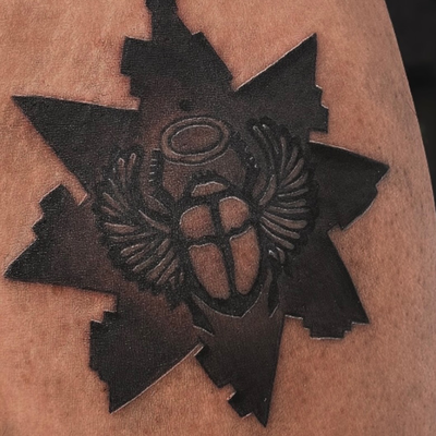 swipe ➡️ to see healed! 
#themummy tattoo for @psumoan ! carving /embossing is r… — tattoo by Arika Amricachi, colton, CALIFORNIA