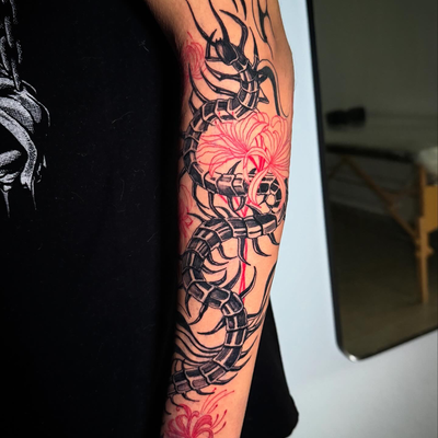 fun centipede — tattoo by Carlos Fuentes, loiza, puerto rico