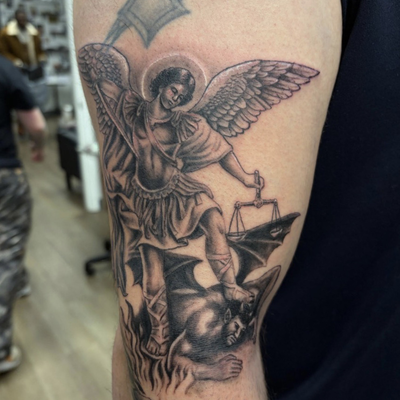 arch angel Michael — tattoo by Josh Fesik, Willow Grove, Pennsylvania