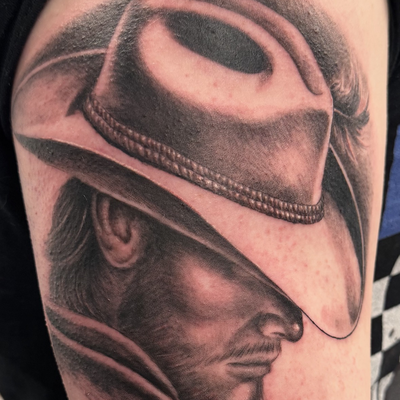 what’s your favorite Western movie? The beginning of a western sleeve/coverup pr… — tattoo by Josh Fesik, Willow Grove, Pennsylvania