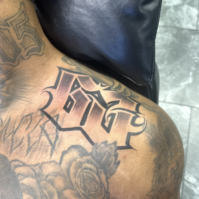 old English numbers — tattoo by Mike Wayne, Phoenix, Arizona