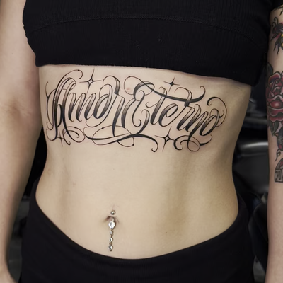 STOMACH LETTERING — tattoo by Mike Wayne, Phoenix, Arizona