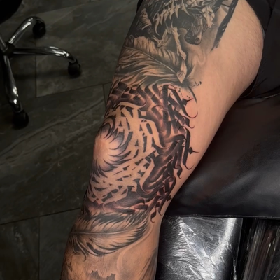 calligraphy knee — tattoo by Mike Wayne, Phoenix, Arizona