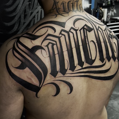 BACK LETTERING — tattoo by Mike Wayne, Phoenix, Arizona
