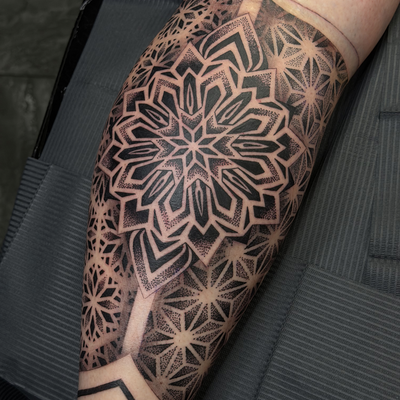 start of a geo leg sleeve — tattoo by Michael  Callaghan, Phoenix, Arizona