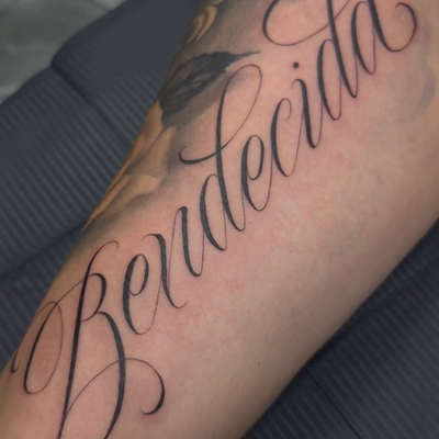the most simple of scripts — tattoo by Mike Wayne, Phoenix, Arizona