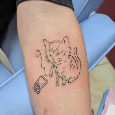 Oh I am OBSESSED with how cute this turned out! We made this kitty look like his… — tattoo by Makayla Wallace, Shreveport, Louisiana