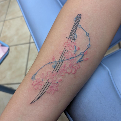 Absolutely obsessed with this piece I got to do last week! 🩷🗡️🌸✨

#femaletatt… — tattoo by Makayla Wallace, Shreveport, Louisiana
