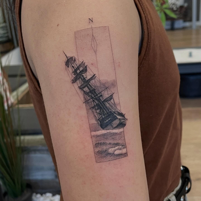 Micro-realistic ship design 
🏴‍☠️⚡️
DM to book a session
📍109 N La Cienega Blv… — tattoo by Raivo Broks, Beverly Hills, California