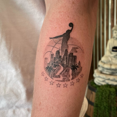 Custom Lakers tattoo!🏀⚡️
DM to get your custom piece!
@inkedzenbeverlyhills 
📍… — tattoo by Raivo Broks, Beverly Hills, California