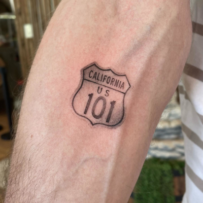 Small custom 101 freeway sign⚡️
DM to book a session 
@inkedzenbeverlyhills 
📍1… — tattoo by Raivo Broks, Beverly Hills, California