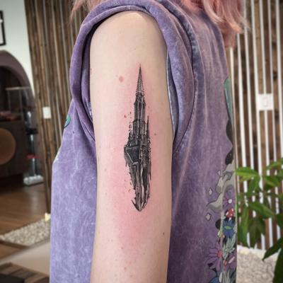 Abstract and dark fine-line church tower design!
🔥🔥🔥
Thank you @blind_mutatio… — tattoo by Raivo Broks, Beverly Hills, California