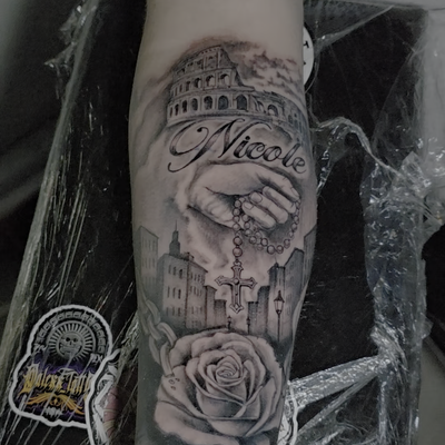 memorial tattoo from a lil while back 😄 #memorialtattoo #rosetattoo #blackandgr… — tattoo by Senseless Ink, Huntington Beach, California