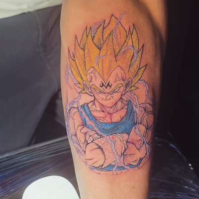 Majinbu Vegeta tattoo. Lmk if you have any dope ideas for tattoos!!!!! NOW SCHED… — tattoo by Senseless Ink, Huntington Beach, California