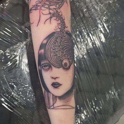 some tokyo ghoul crossed with some classic Junji ito lmk if you're interested in… — tattoo by Senseless Ink, Huntington Beach, California