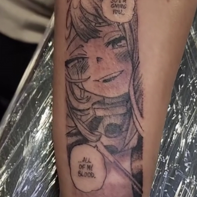 lil square from an MHA Manga. love doin anime realized stuff so hmu for that!! #… — tattoo by Senseless Ink, Huntington Beach, California
