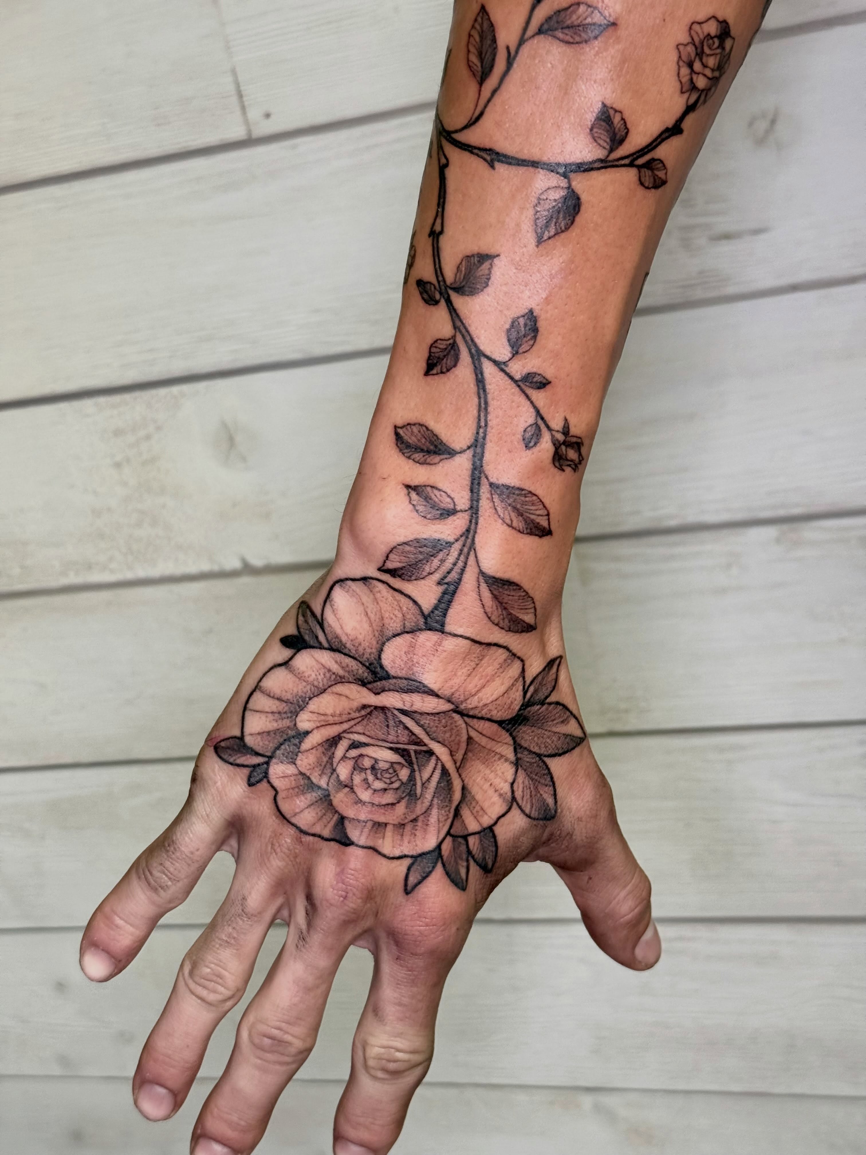Rose and vines! Now booking August-September! Dm to book or fill up the form in … — tattoo by Diana Muresan, Phoenix, Arizona