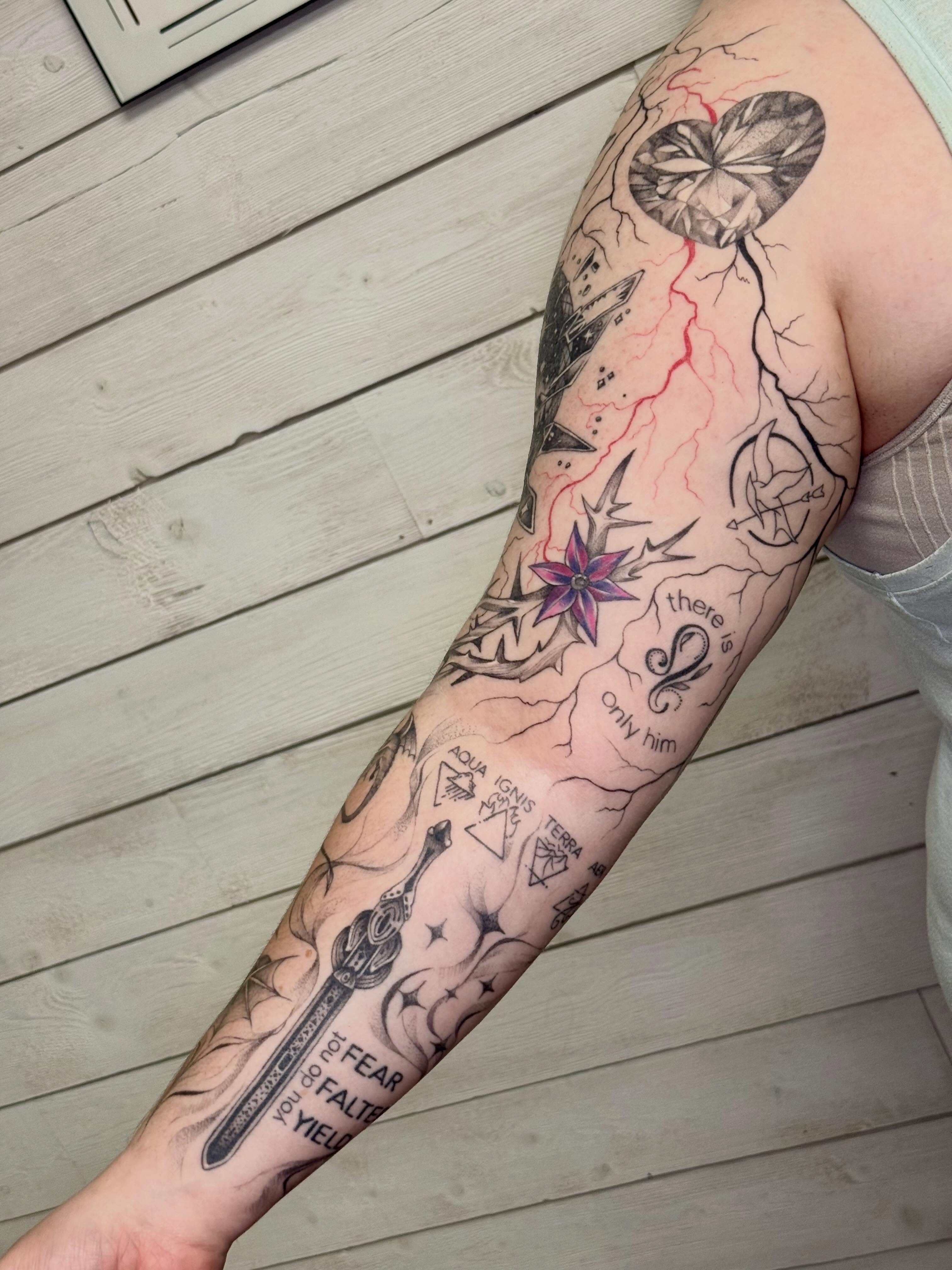 I have been working on this sleeve for the past year! All my clients ideas from … — tattoo by Diana Muresan, Phoenix, Arizona