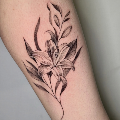 Lily for my client! Now booking September-October. Dm me to book or fill up the … — tattoo by Diana Muresan, Phoenix, Arizona