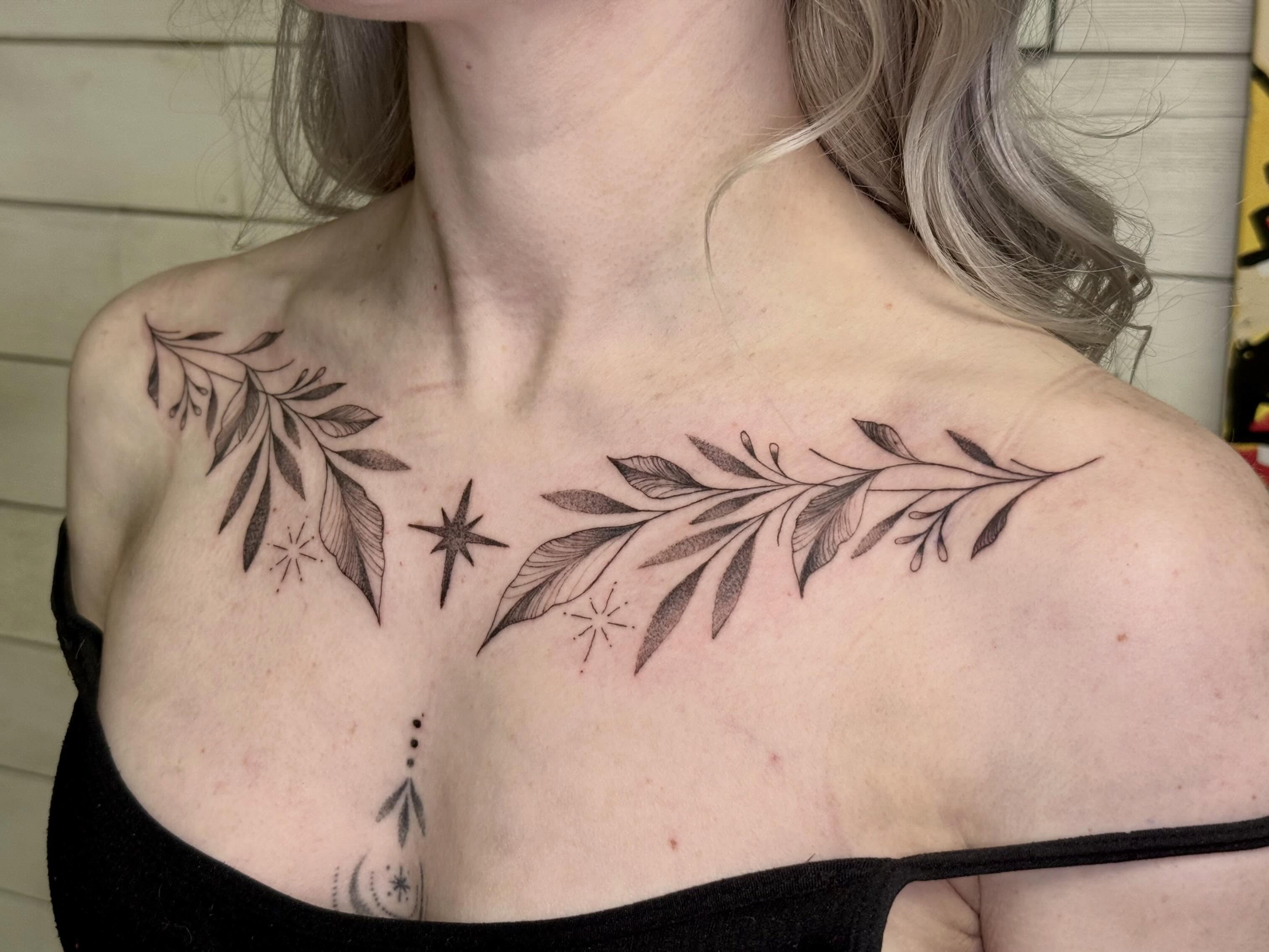 Fine line chest vines! Now booking July-August in Phoenix AZ. I still have the f… — tattoo by Diana Muresan, Phoenix, Arizona