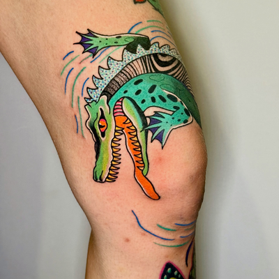 Reptile on the knee! I really enjoyed designing and tattooing this idea! Thank y… — tattoo by Diana Muresan, Phoenix, Arizona