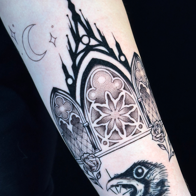 cathedral glass (crow is not my work) — tattoo by Morgan Penton, Dallas, Texas