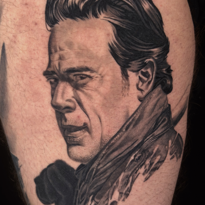 This is a healed realism portrait~ my first one! — tattoo by Morgan Penton, Dallas, Texas