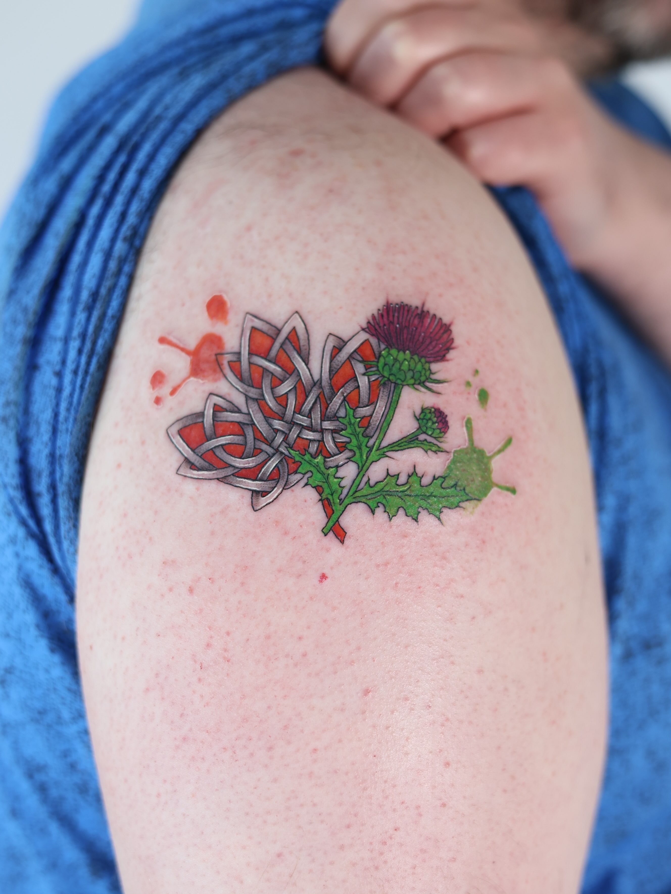 🍁 🌺 
@tattoobahar 
•
•
•
Done at @flamewiseink 
#milkthistletattoo #mapleleaft… — tattoo by Bahar Matloubi, Toronto, Ontario