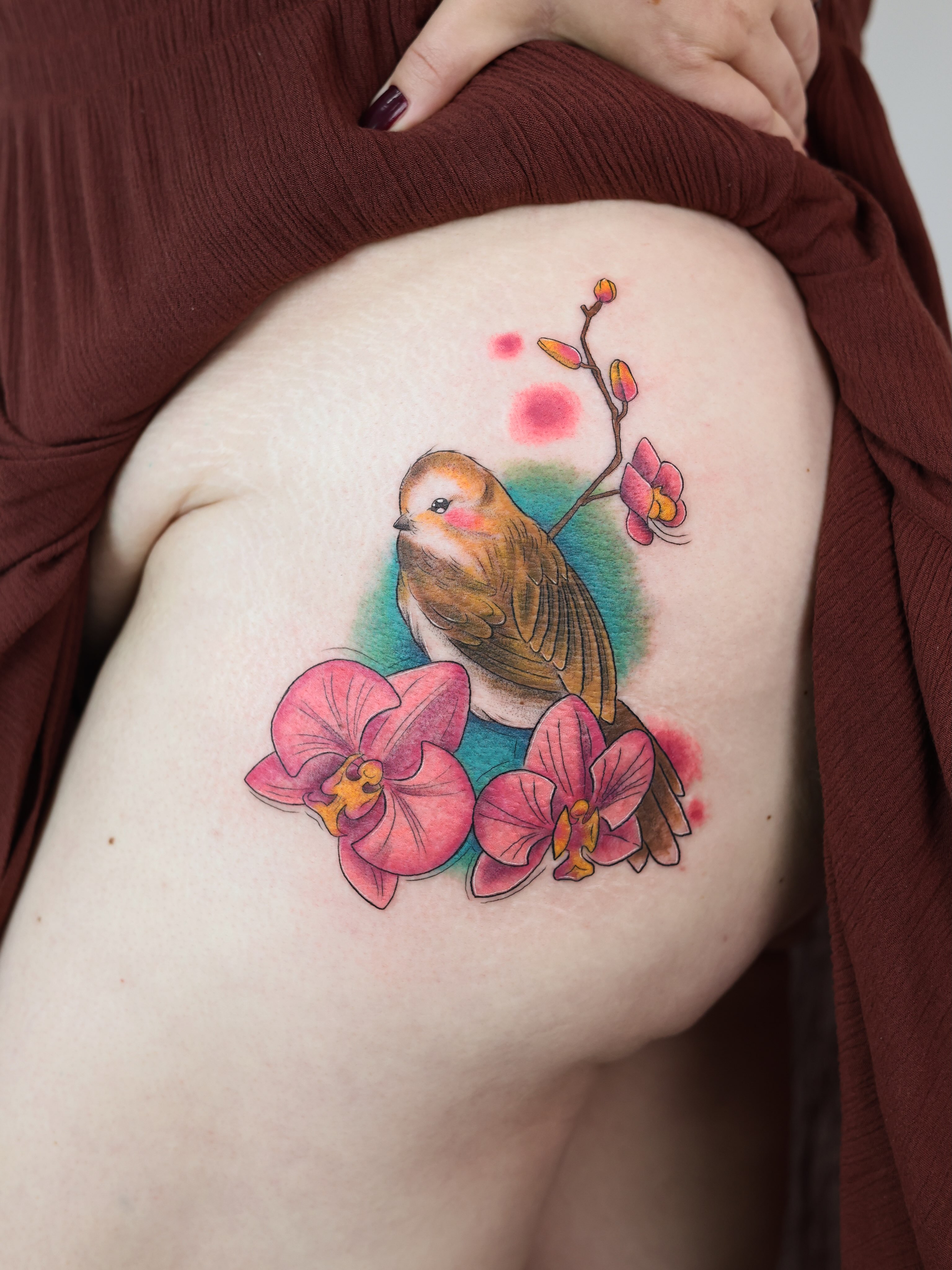 Little birdie resting by orchids🦜🌸🌸
@tattoobahar 
•
•
•
Done at @flamewiseink… — tattoo by Bahar Matloubi, Toronto, Ontario