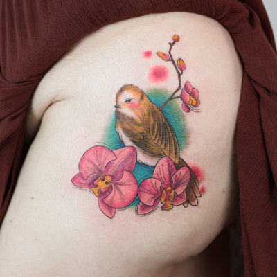 Little birdie resting by orchids🦜🌸🌸
@tattoobahar 
•
•
•
Done at @flamewiseink… — tattoo by Bahar Matloubi, Toronto, Ontario