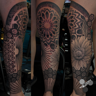 Had a lot of fun with this crazy geometric leg half sleeve. Half 1.5 weeks heali… — tattoo by Luis Belloso, Whittier, California
