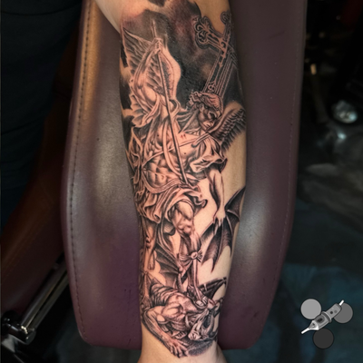 Really fun St Michael to start off this sleeve I’m working on. Stay tuned for th… — tattoo by Luis Belloso, Whittier, California