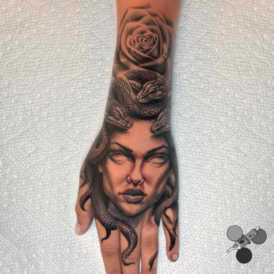 Really fun Medusa on the hand I had the privilege of doing!! Can’t wait to come … — tattoo by Luis Belloso, Whittier, California